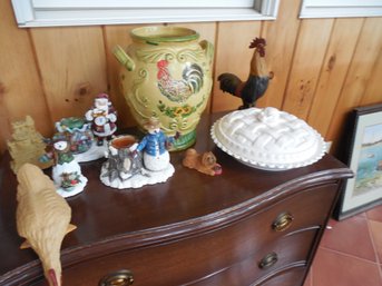 Miscellaneous Lot Of Figurines And Kitchen-Themed Dcor  Including Urn With Rooster, Lidded Pie Dish