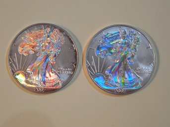 Lot Of 2 - 1oz / $1 Silver Eagle Coins - Iridescent Rainbow Enhanced