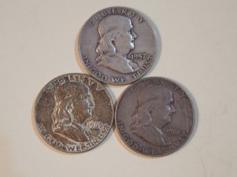 Lot Of 3 Franklin Silver Half 1/2 Dollars 1957,61,63