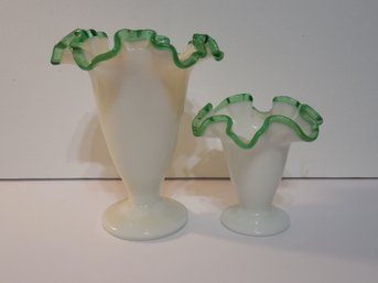 Fenton Art Glass - Lot Of 2 Green Crest - Ruffled Vases