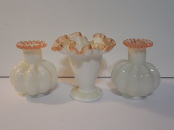 Fenton Art Glass - Lot Of 3 Pink Crest - Ruffled Vases