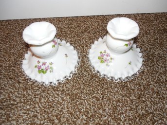 Fenton Art Glass -Pair Silver Crest Hand Painted Candlesticks