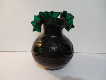 Very Interesting Hand Blown Teal Green Art Glass Vase - Heavy Crystal Quality