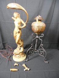 2 Piece Lot -  Lighting  - Art Nouveau Figural Lamp & Eagle Brass & Iron Oil Lamp