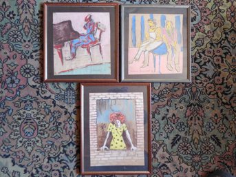 Lot Of 3 Original Mixed Media Figure Paintings  Artist Signed