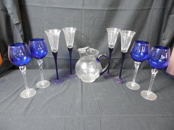 13 Tall Cobalt And Clear Wineglasses (tallest Set Of 4) With Shorter Cobalt And Clear Wineglasses (set Of 4)