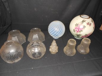 Lot Of Glass Shades Including Opalescent Swirl, Hand Painted Gone With The Wind Globe.