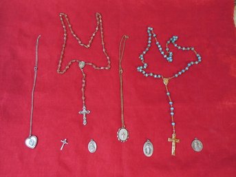 Lot Of 2 Rosary Beads Sets Together With Some Sterling Silver Religious Medallions