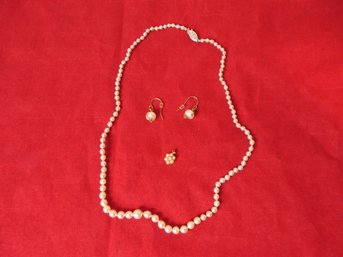 Pearl Necklace W/ Sterling Clasp  Pair Of Pearl Earrings & A Pearl Pendant