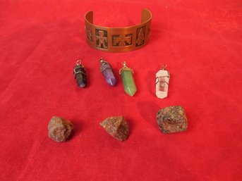 Misc Lot  Southwestern Copper Bracelet, 4 Crystal Pendants &  Uncut Rubies And A Garnet