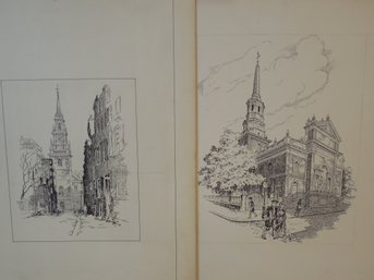 Lot Of 2 Illegibly Signed Original Ink Drawings Boston Scenes Dated '44 & '52