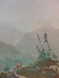 Mid 20th Century Oil Painting On Board  Western Rider In The Mountains