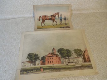 Lot Of 2 19th Century Hand Colored Lithographs 1852 Equestrian Derby Winner And Harvard University