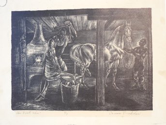 Original Pencil Signed & Numbered 4/7 Regionalist Style Lithograph, Blacksmith 'The First Shoe By Bradshaw