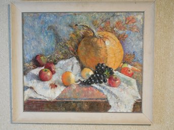 Large Vintage Original Oil Painting On Board By Joan Columbo  Pumpkin Still Life