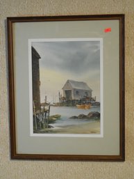 Mid 20th Century Original Watercolor Painting Coastal Dock Scene By Torre