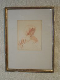 Very Fine Conte Crayon & Pencil Drawing Of A Woman  Illeg. Signed