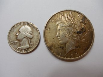 1923 Silver Peace Dollar Together With 1954 Silver Quarter