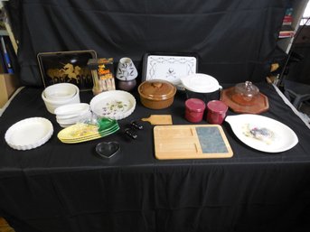 Lot Of Kitchen Items Including Ones Marked Hall And Pfaltzgraff, Otagiri Lacquerware Tray, And Cute Candle Lam