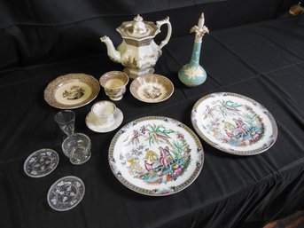 Lot Of Antique Ceramic Items Including Miscellaneous Transferware Pieces (Teapot, Cup, Plates) And Early Flint