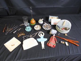 Lot Of Miscellaneous Dresser Items Including Ring Holders, Purse Made In Japan, Hat Pins, Baby Shoes, Darning