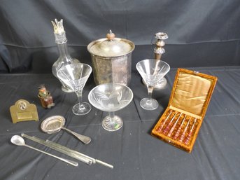 Vintage Lot Including Silverplate Lidded Ice Bucket, French 4-part Decanter, Cut Crystal Compote, Etc...