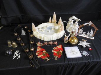 Christmas Lot - Snowbabies Ice Rink, Christmas Bells (Not Antique), Paper Santas, Silverplate Ornaments