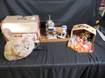 Toy Lot Including Petster Deluxe Robotic Cat (has Not Been Tested), Troll House Carrying Case  Robotic Dog