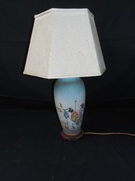 Asian Motif Lamp. Hand-painted Design On Either Glass Or Ceramic Base. 22 Tall.