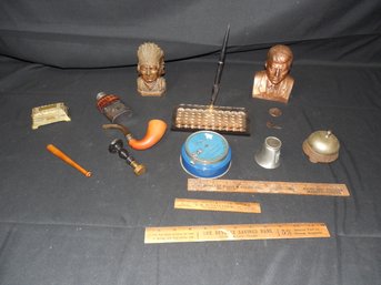 Lot Of Small Items Including  Three Metal Banks, Fountain Pen, Small Flask, Stamp Box, Wax Seal, Wood Pipe Etc