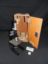 Microscope With Wood Case. Microscope Is From Jewell Optical Company. The Case Is Labeled Monolux.