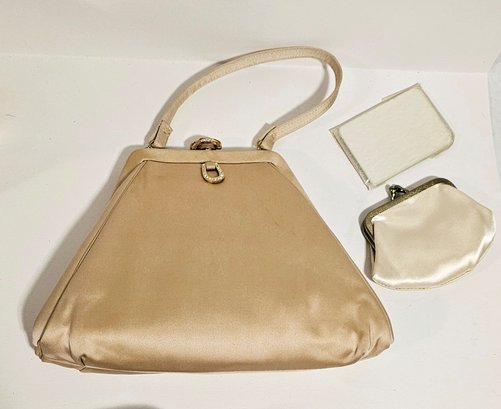 Midcentury Champagne Satin Evening Bag Appears Unused With Mirror And Change Purse