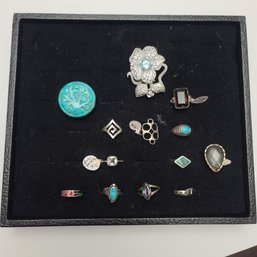 Tray Of Gorgeous Sterling Silver Rings Including Turquoise, Topaz, And More