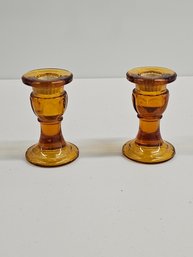 Vintage Amber Glass Small Candlesticks