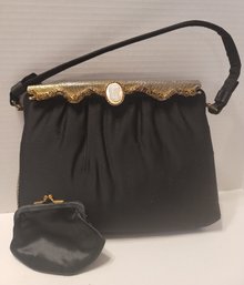 Vintage After 5 Black Satin Cameo Handbag With Decorative Brass Closure Great Condition