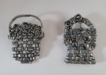 Vintage Signed Sheridan Pewter Flower Basket Brooches Excellent Condition