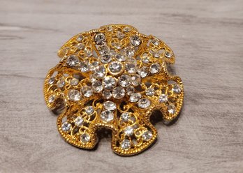 Talk About A Statement Brooch! Vintage MCM Gold Tone And Rhinestone Filigree Brooch Excellent Condition