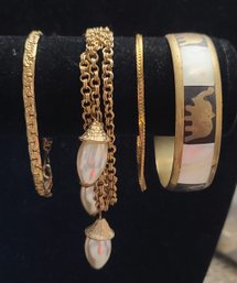 Vintage Gold Tone Bracelets And Brass MOP Inlay Bangle