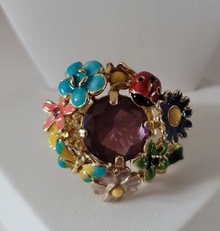 How Pretty! Vintage MCM Enamel And Rhinestone Stretch Ring Excellent Condition