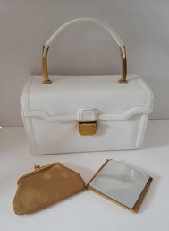 Y'all LOOK At This! Vtg 50s-60s Koret Lizard Look White Leather Handbag With Org Change Purse And Mirror