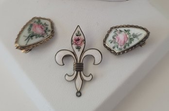 Vintage 50s Guilloche Enameled Earrings And Pin Great Condition