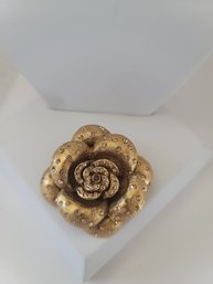 Vintage Gold Tone And Rhinestone Textured Brooch Heavy! Well Made Excellent Condition