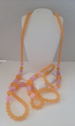 Stunning Vintage Flapper Length Tangerine And Pink Detailed Glass Necklace Excellent Condition