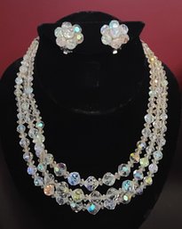 No Resisting A 50s 60s Classic! Vintage 3 Strand Aurora Borealis Necklace And Clip Earrings