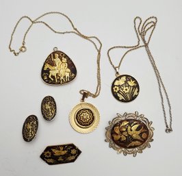 Vintage Damascene Beauties Earrings, Necklaces, Brooches