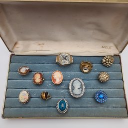 Vintage Rings In Vintage Mele Trippy Case Including Tiger Eye, Cameos, And More