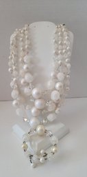 SHOW STOPPER! Beautiful Vtg 50s Quadruple Strand 'ice' Glass And Lucite Demi Parure Necklace And Bracelet Set