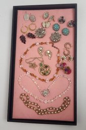 Pink Tray Of Vintage Jewelry Monet, Aurora Borealis And More