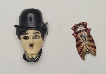 SUPER FUN Charlie Chaplin Pin And Locust? Tin Pin Brooch