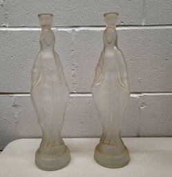 Vintage MC Virgin Mary Frosted Glass Candle Holders Great Condition